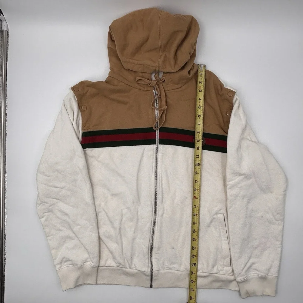 Gucci Web Stripe Zip Up Hoodie Mens Large Beige Off White Cotton Italy Authentic